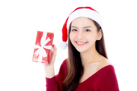 Happy asian woman with smile holding gift box of xmas, Present girl with celebration christmas a holiday, girl with buyer isolated on white background, shopping with season concept.