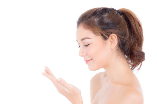 Portrait of beautiful asian woman makeup of cosmetic, girl smell hand  and smile attractive, face of beauty perfect with wellness isolated on white background with skin healthcare concept.