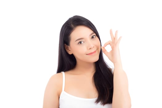 Portrait of beautiful asian woman makeup of cosmetic, beauty of girl with face smile and gesture ok attractive isolated on white background, perfect with wellness and healthcare concept.
