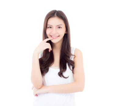 Portrait of beautiful asian woman makeup of cosmetic, girl hand touch mouth and smile attractive, lips beauty perfect with wellness isolated on white background with healthcare concept.