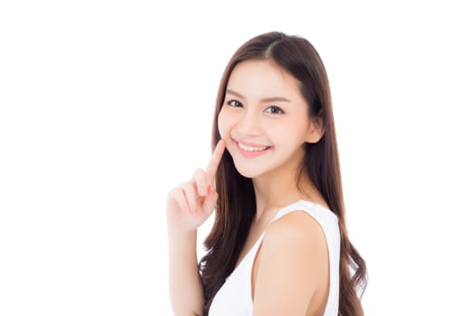 Portrait of beautiful asian woman makeup of cosmetic, girl hand touch cheek and smile attractive, face of beauty perfect with wellness isolated on white background with skin healthcare concept.