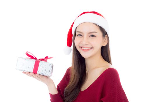 Happy asian woman with smile holding gift box of xmas, Present girl with celebration christmas a holiday, girl with buyer isolated on white background, shopping with season concept.