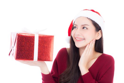 Happy asian woman with smile holding gift box of xmas, Present girl with celebration christmas a holiday, girl with buyer isolated on white background, shopping with season concept.