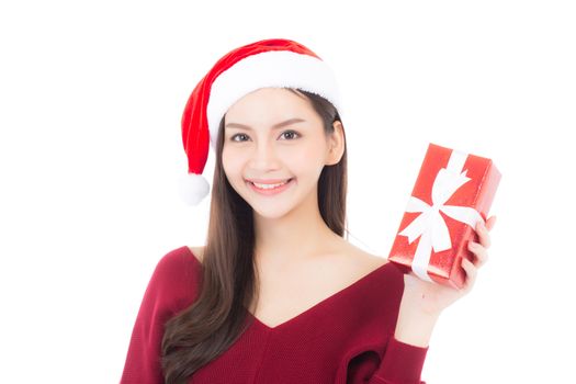 Happy asian woman with smile holding gift box of xmas, Present girl with celebration christmas a holiday, girl with buyer isolated on white background, shopping with season concept.