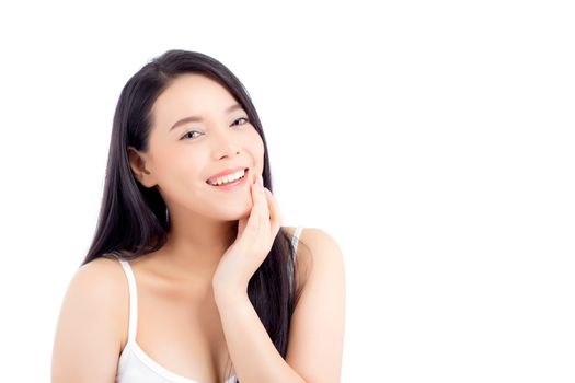 Portrait of beautiful asian woman makeup of cosmetic, girl hand touch cheek and smile attractive, face of beauty perfect with wellness isolated on white background with skin healthcare concept.