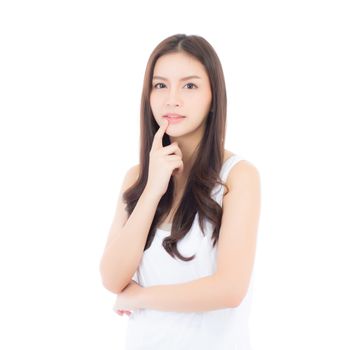 Portrait of beautiful asian woman makeup of cosmetic, girl hand touch mouth and smile attractive, lips beauty perfect with wellness isolated on white background with healthcare concept.