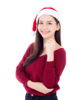 Portrait of beautiful asian young woman with health in santa hat smile and happy, girl model isolated on white background, christmas and holiday concept.