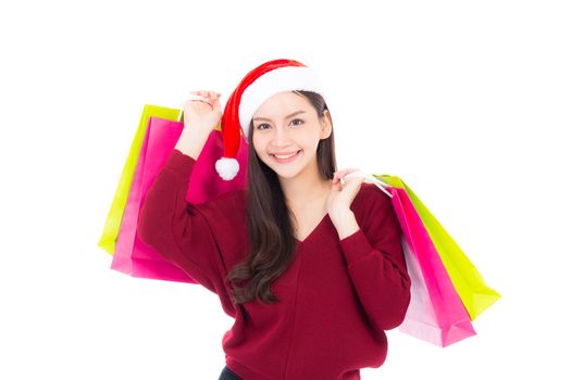 Happy fashion asian woman with smile holding shopping paper bag, Sale and christmas with holiday, girl with buyer enjoy and excited isolated on white background, season holiday concept.