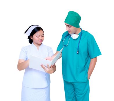 Medical asian nurse and doctor talking working together in team looking at folder.