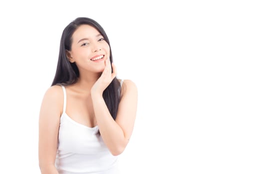 Portrait of beautiful asian woman makeup of cosmetic, girl hand touch cheek and smile attractive, face of beauty perfect with wellness isolated on white background with skin healthcare concept.