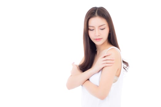 Portrait of beautiful asian woman makeup of cosmetic, beauty of girl with face smile attractive isolated on white background, perfect with wellness and healthcare concept.