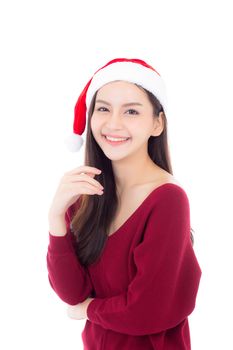 Portrait of beautiful asian young woman with health in santa hat smile and happy, girl model isolated on white background, christmas and holiday concept.