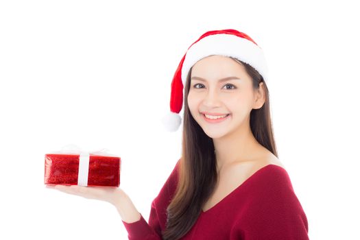 Happy asian woman with smile holding gift box of xmas, Present girl with celebration christmas a holiday, girl with buyer isolated on white background, shopping with season concept.
