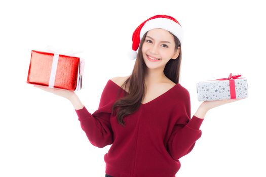 Happy asian woman with smile holding gift box of xmas, Present girl with celebration christmas a holiday, girl with buyer isolated on white background, shopping with season concept.