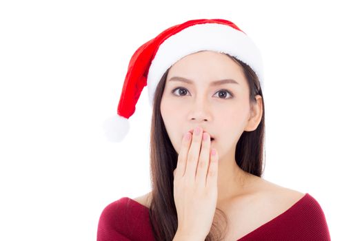 Portrait young asian woman wear santa hat with surprised and excited and covering mouth with christmas holiday isolated on white background, season xmas concept.