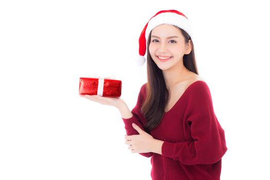 Happy asian woman with smile holding gift box of xmas, Present girl with celebration christmas a holiday, girl with buyer isolated on white background, shopping with season concept.