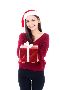 Happy asian woman with smile holding gift box of xmas, Present girl with celebration christmas a holiday, girl with buyer isolated on white background, shopping with season concept.