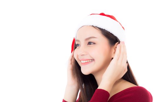Christmas Santa hat of young asian woman portrait, girl with smile and happy isolated on white background xmas and new year concept.