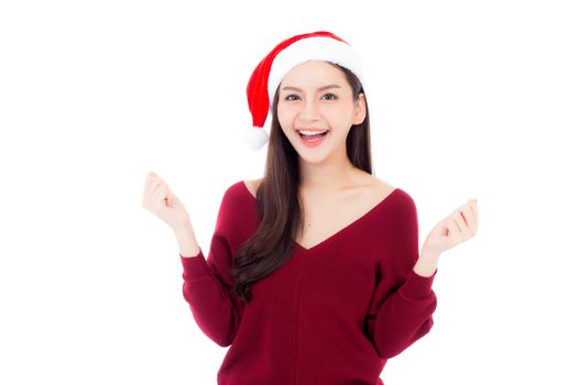 Portrait of beautiful asian young woman with health in santa hat smile and happy, girl model with gesture glad isolated on white background, christmas and holiday concept.