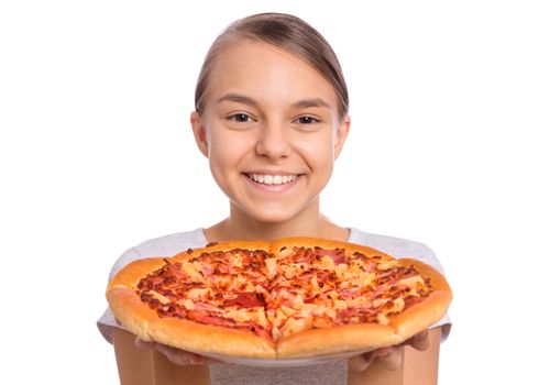 Happy beautiful teen girl holds plate with fresh pizza, isolated on white background