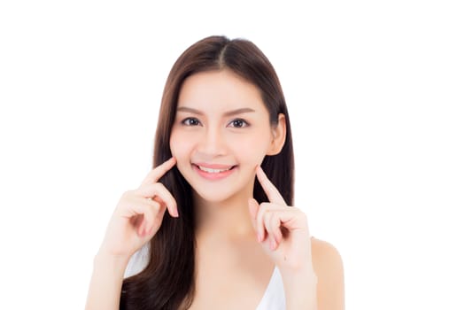 Portrait of beautiful asian woman makeup of cosmetic, girl hand touch cheek and smile attractive, face of beauty perfect with wellness isolated on white background with skin healthcare concept.