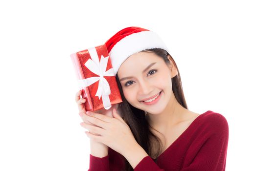 Happy asian woman with smile holding gift box of xmas, Present girl with celebration christmas a holiday, girl with buyer isolated on white background, shopping with season concept.
