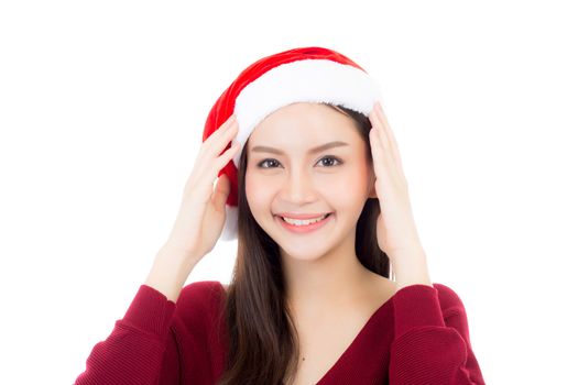 Christmas Santa hat of young asian woman portrait, girl with smile and happy isolated on white background xmas and new year concept.