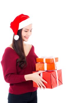 Happy asian woman with smile holding gift box many of xmas, Present girl with celebration christmas a holiday, girl with buyer isolated on white background, shopping with season concept.