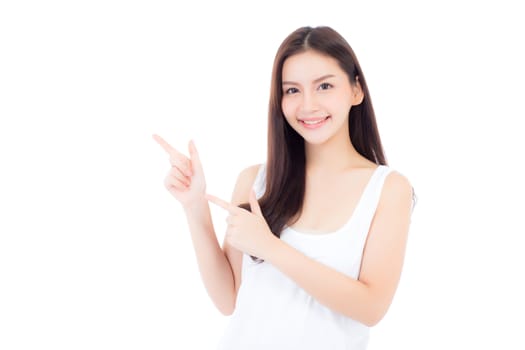 Portrait of beautiful asian woman makeup of cosmetic, girl hand pointing something and smile attractive, face of beauty perfect with wellness isolated on white background with skin healthcare concept.