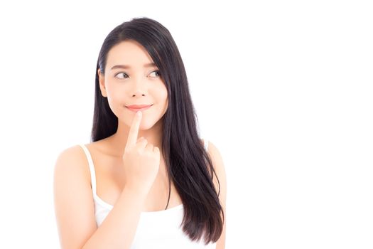 Asian woman surprise hold cheek with hand, Beautiful girl with presenting your product with excited and surprise isolated on white background, Expressive facial.