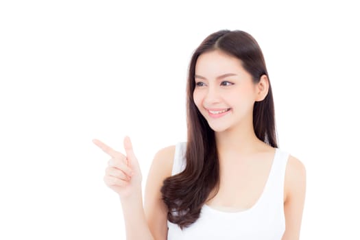 Portrait of beautiful asian woman makeup of cosmetic, girl hand pointing something and smile attractive, face of beauty perfect with wellness isolated on white background with skin healthcare concept.