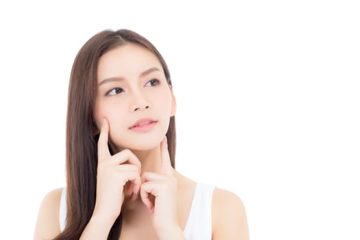Portrait of beautiful asian woman makeup of cosmetic, girl hand touch cheek and smile attractive, face of beauty perfect with wellness isolated on white background with skin healthcare concept.