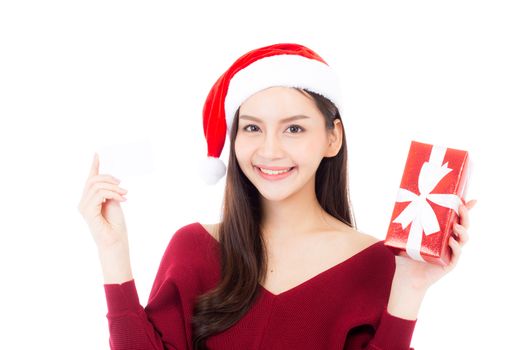 Happy asian woman with smile holding gift box and credit card of xmas, Present girl with christmas a holiday, girl with buyer isolated on white background, shopping with season concept.