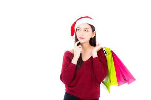 Happy fashion asian woman with smile holding shopping paper bag, Sale and christmas with holiday, girl with buyer enjoy and excited isolated on white background.