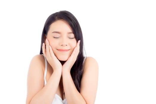 Portrait of beautiful asian woman makeup of cosmetic, girl hand touch cheek and smile attractive, face of beauty perfect with wellness isolated on white background with skin healthcare concept.