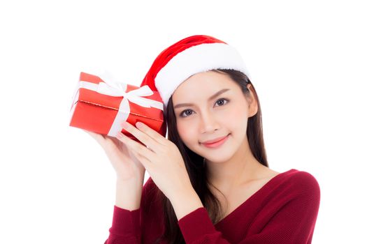 Happy asian woman with smile holding gift box and credit card of xmas, Present girl with christmas a holiday, girl with buyer isolated on white background, shopping with season concept.