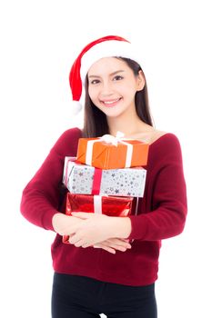 Happy asian woman with smile holding gift box many of xmas, Present girl with celebration christmas a holiday, girl with buyer isolated on white background, shopping with season concept.