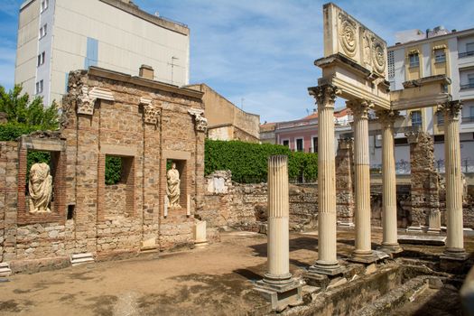 Merida, Spain, April 2017: Portico del Foro Municipal de Augusta Emerita. Roman ruins in Merida, Extremadura, Spain.