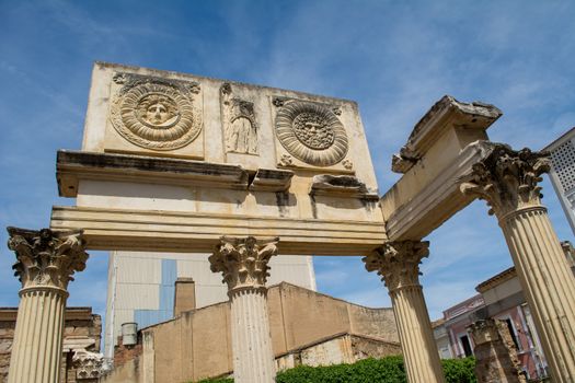 Merida, Spain, April 2017: Portico del Foro Municipal de Augusta Emerita. Roman ruins in Merida, Extremadura, Spain.