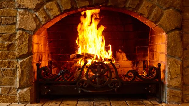 Burning fireplace. Fireplace as a piece of furniture.
