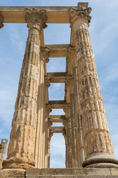 Architectural columns of the roman ruin Temple of Diana in Merida, Extremadura, Spain. Travel and Tourism.