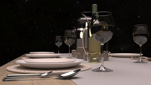 Elegant Dining Table With Wine Glasses, bottle, Plates And Candles Set For festibal. 3d rendered