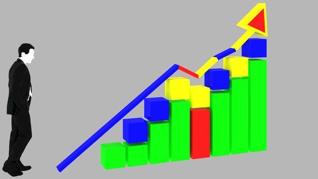 3d render a financial chart with interweaving arrows going up the image.