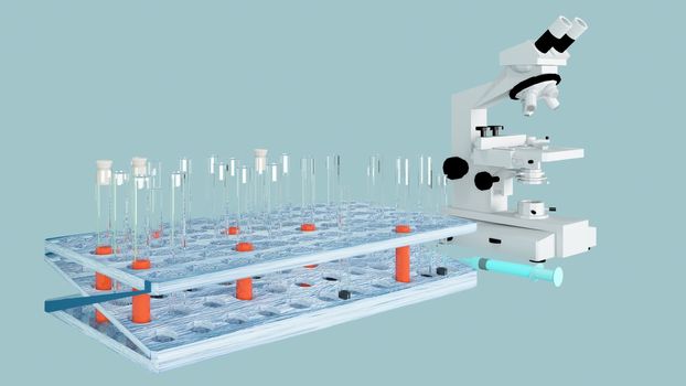 3d render biochemistry laboratory research with microscope equipment and science experiments glassware containing liquid.