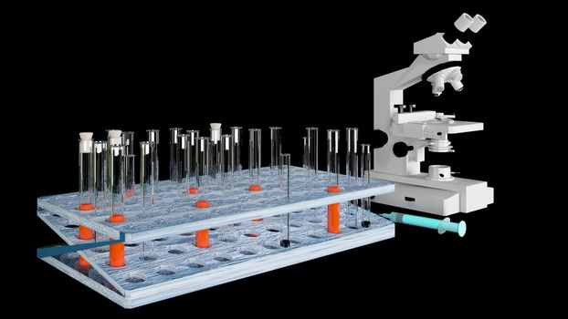 3d render biochemistry laboratory research with microscope equipment and science experiments glassware containing liquid.