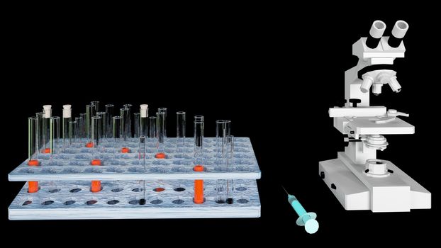 3d render biochemistry laboratory research with microscope equipment and science experiments glassware containing liquid.