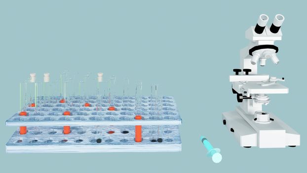 3d render biochemistry laboratory research with microscope equipment and science experiments glassware containing liquid.