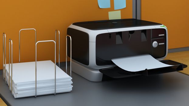 photocopier or scanner and plain white paper stand isolated on desk, 3d render.