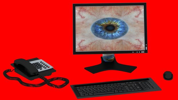 desktop, keyboard and mouse with telephone isolated on red background. 3d rendered