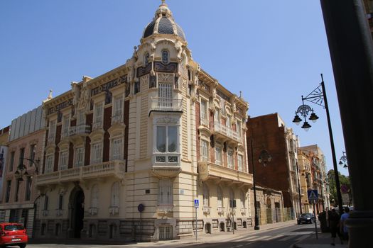 Cartagena, Murcia, Spain- July 27, 2019: Old colorful and beautiful facade in Cartagena city in Summer.